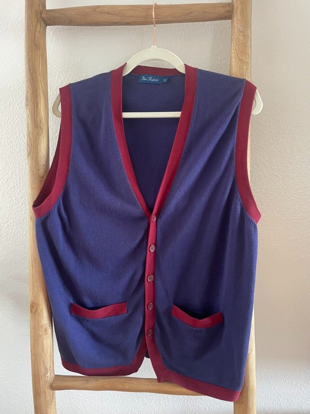 Paul Fredrick Navy with Burgundy Trim Button Up Sweater Vest with front pockets